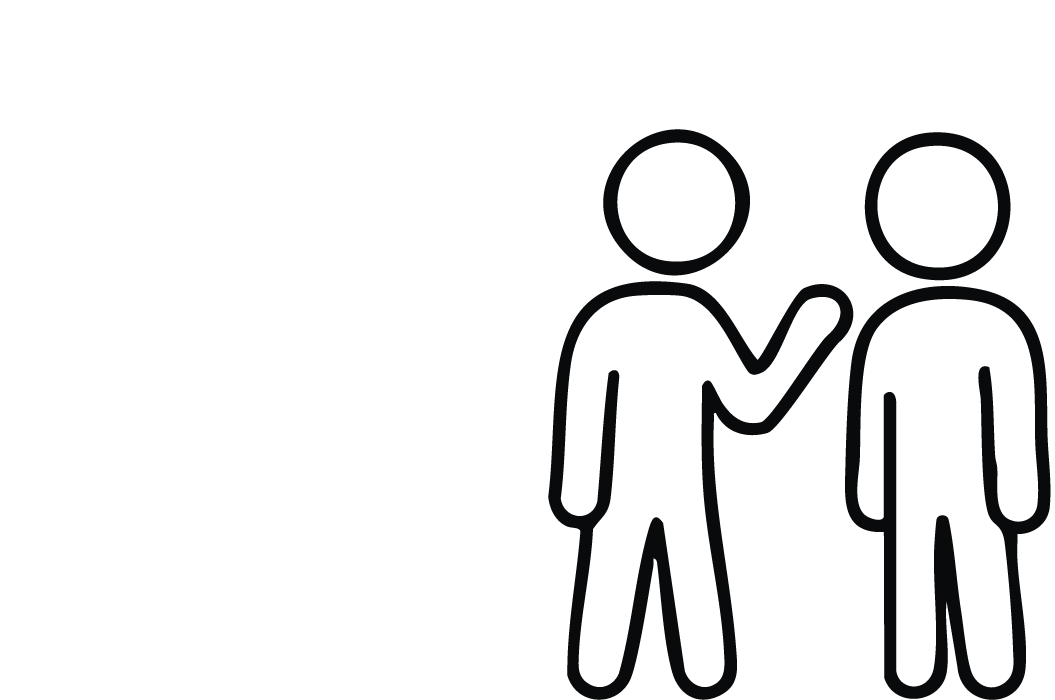 Zwei stilisierte schwarze Figuren stehen nebeneinander und eine hebt die Hand zum Gruß