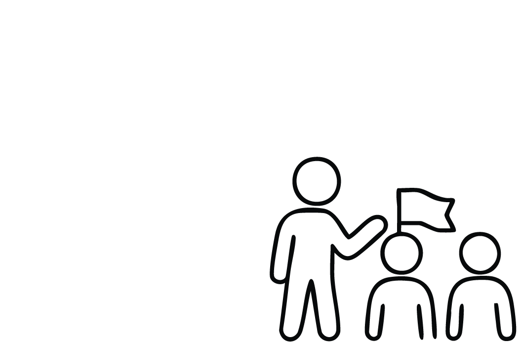 Drei stilisierte Figuren in Schwarz, eine hält eine kleine Fahne als Zeichen für Führung