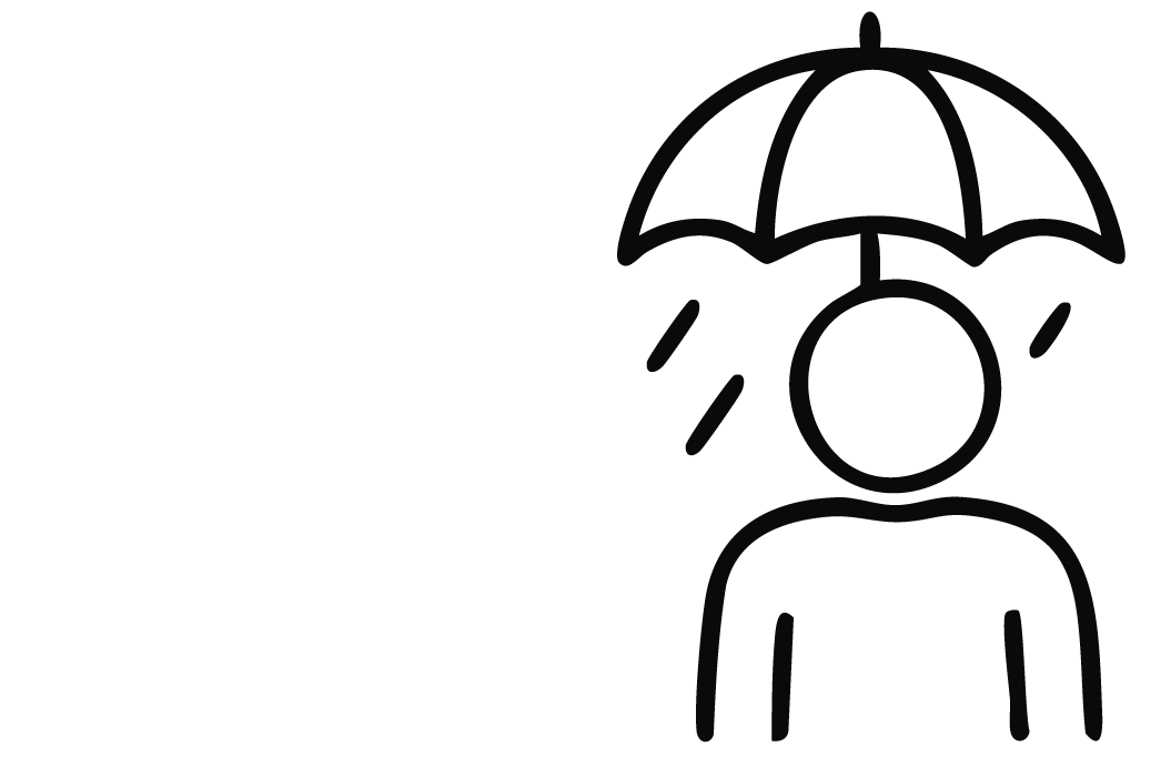 Eine stilisierte schwarze Figur hält einen Regenschirm und wird von Regentropfen benetzt