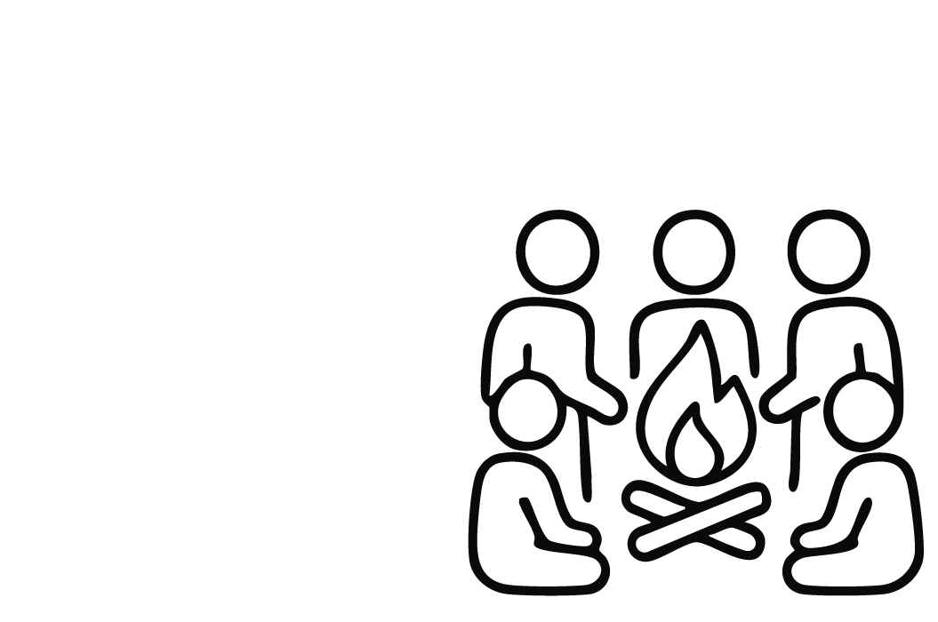 Vier Personen sitzen lächelnd um ein Lagerfeuer auf hellem Hintergrund